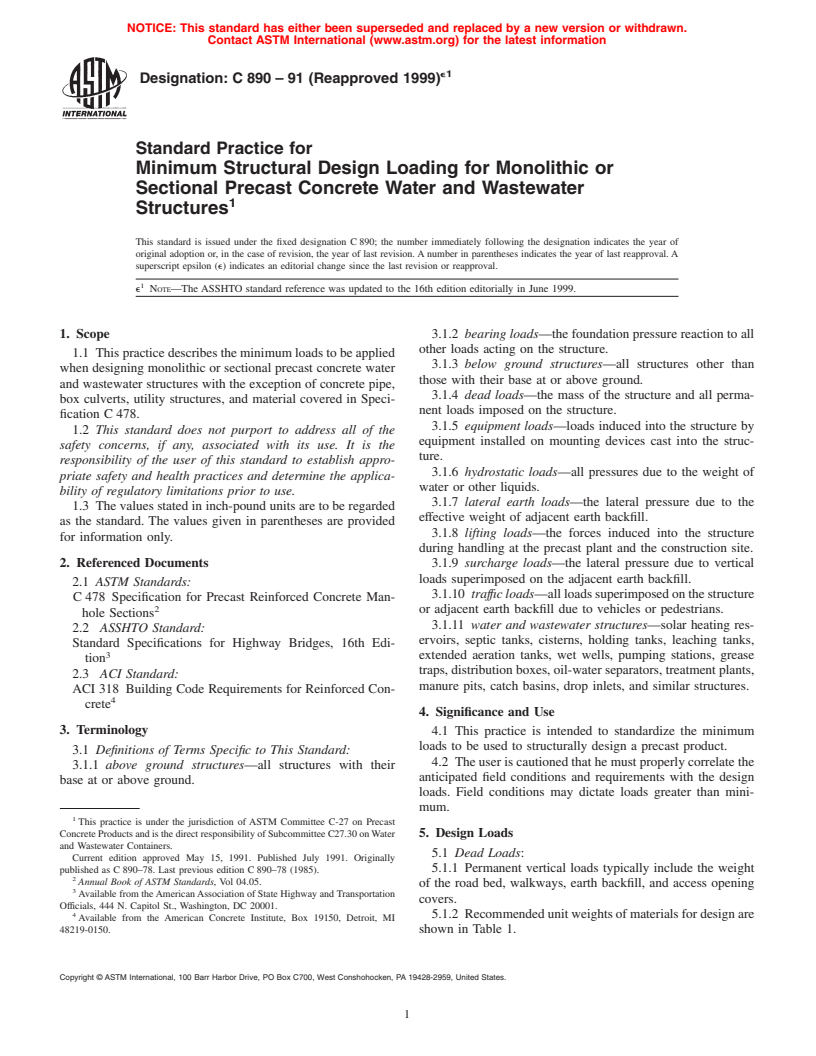 ASTM C890-91(1999)e1 - Standard Practice for Minimum Structural Design Loading for Monolithic or Sectional Precast Concrete Water and Wastewater Structures