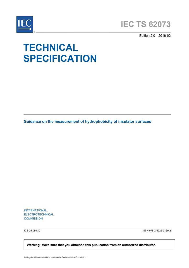 IEC TS 62073:2016 - Guidance on the measurement of hydrophobicity of insulator surfaces