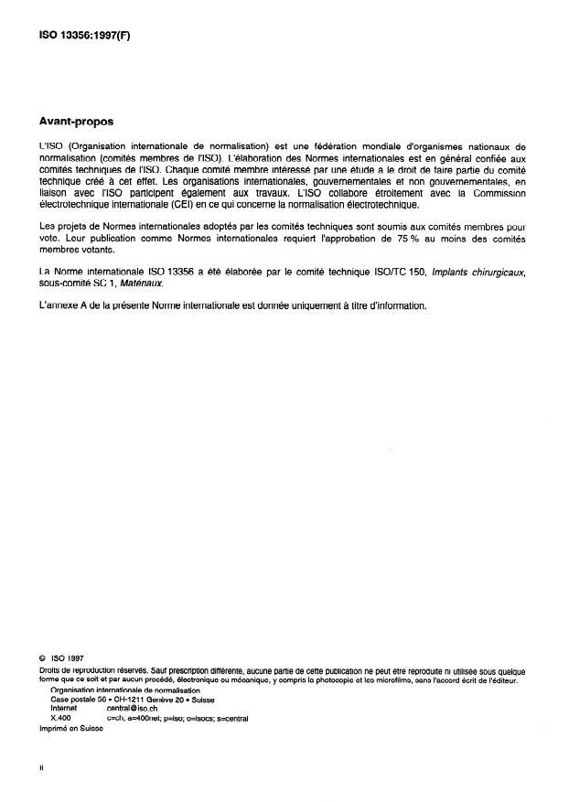 ISO 13356:1997 ISO 13356:1997 - Implants chirurgicaux -- Produits céramiques a base de zircone tétragonale stabilisée a l'oxyde d'yttrium - Page 2 preview