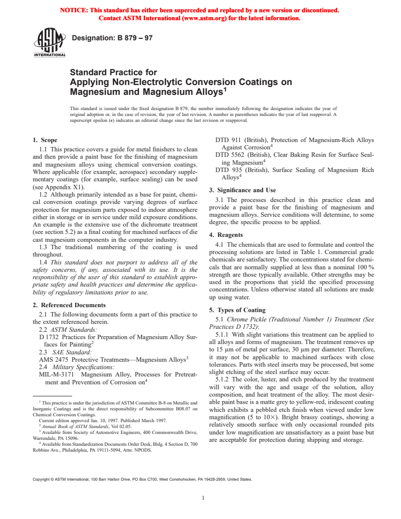 ASTM B879-97 - Standard Practice for Applying Non-Electrolytic Conversion Coatings on Magnesium and Magnesium Alloys