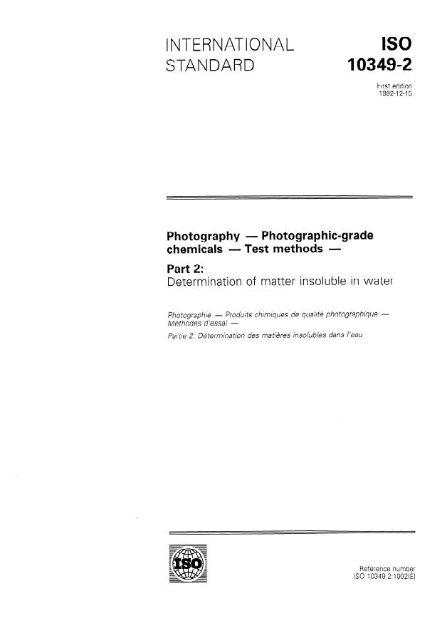 ISO 10349-2:1992 - Photography -- Photographic-grade chemicals -- Test methods