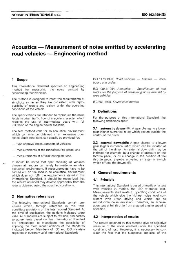 ISO 362:1994 - Acoustics -- Measurement of noise emitted by accelerating road vehicles -- Engineering method