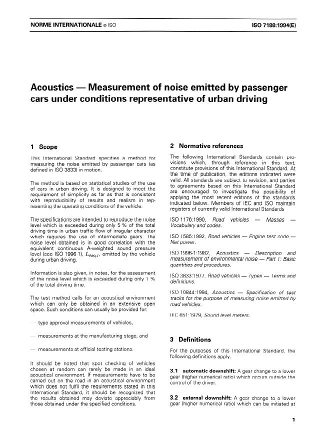 ISO 7188:1994 - Acoustics -- Measurement of noise emitted by passenger cars under conditions representative of urban driving