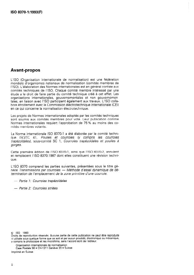 ISO 8370-1:1993 ISO 8370-1:1993 - Transmissions par courroies -- Méthode d'essai dynamique de détermination de l'emplacement de la zone primitive d'une courroie - Page 2 preview