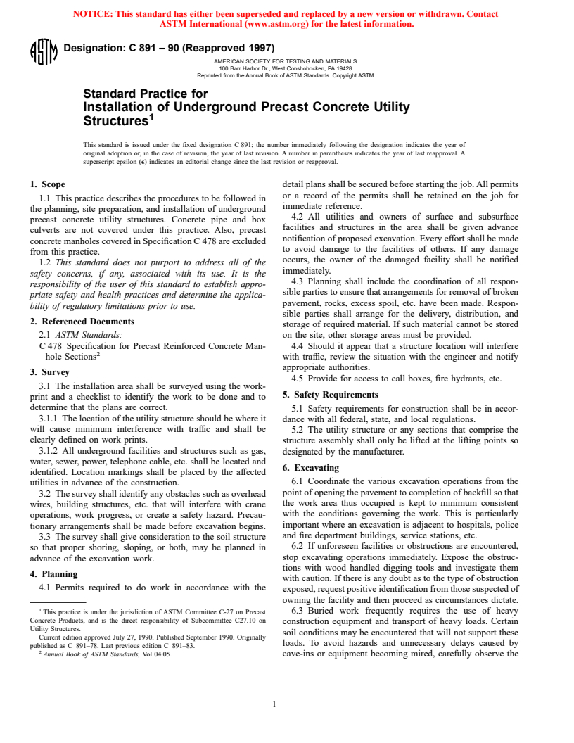 ASTM C891-90(1997) - Standard Practice for Installation of Underground Precast Concrete Utility Structures