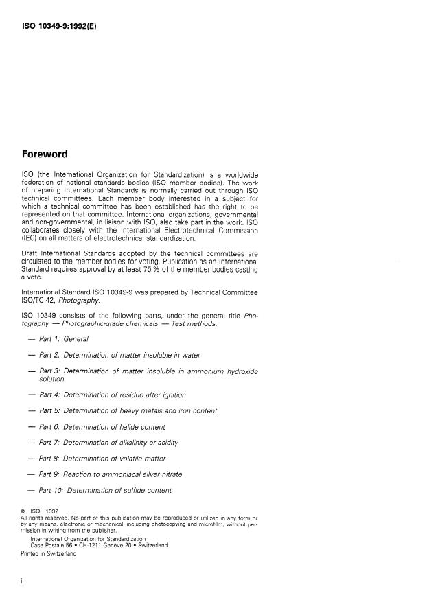 ISO 10349-9:1992 ISO 10349-9:1992 - Photography -- Photographic-grade chemicals -- Test methods - Page 2 preview