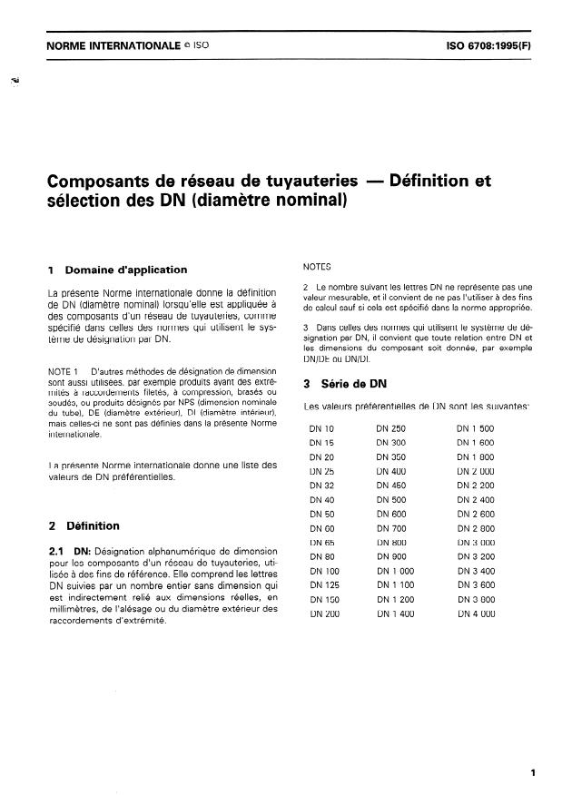 ISO 6708:1995 - Composants de réseau de tuyauteries -- Définition et sélection des DN (diametre nominal)