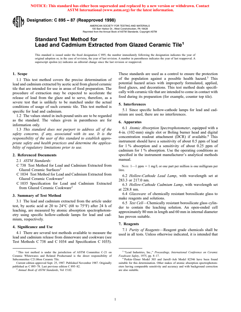 ASTM C895-87(1998) - Standard Test Method for Lead and Cadmium Extracted from Glazed Ceramic Tile