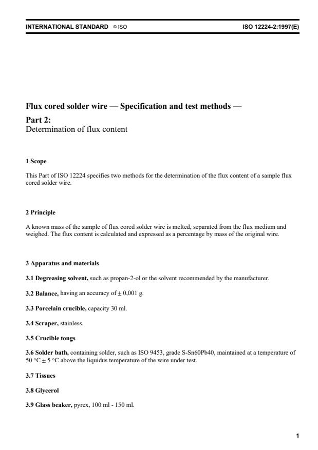 ISO 12224-2:1997 - Flux cored solder wire -- Specification and test methods