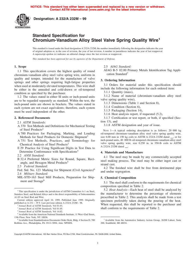 ASTM A232/A232M-99 - Standard Specification for Chromium-Vanadium Alloy Steel Valve Spring Quality Wire