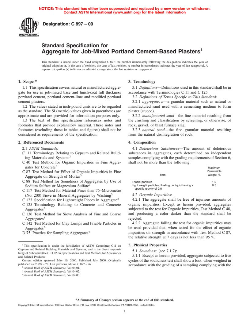 ASTM C897-00 - Standard Specification for Aggregate for Job-Mixed Portland Cement-Based Plasters