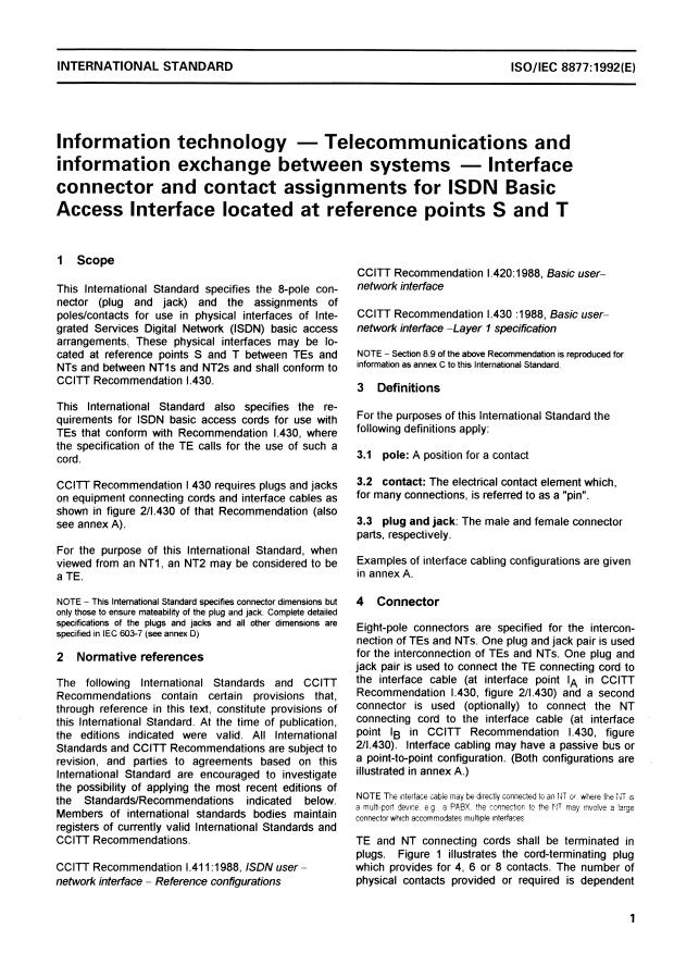 ISO/IEC 8877:1992 - Information technology -- Telecommunications and information exchange between systems -- Interface connector and contact assignments for ISDN Basic Access Interface located at reference points S and T