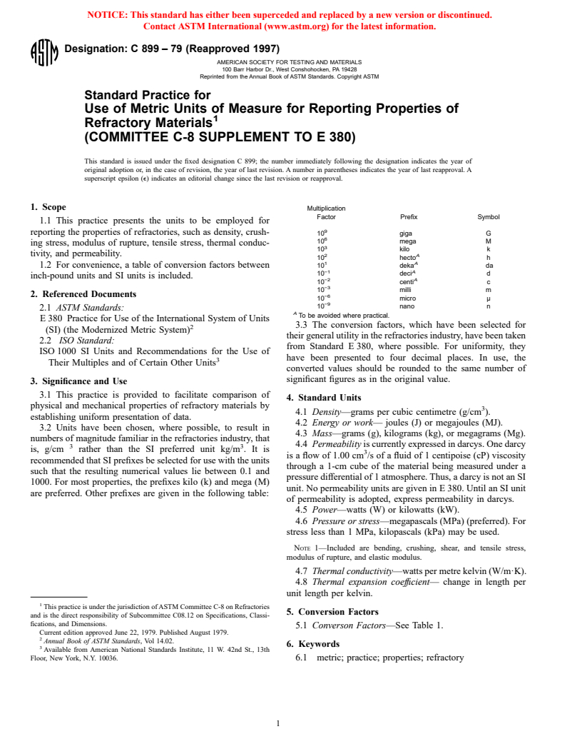 ASTM C899-79(1997) - Standard Practice for Use of Metric Units of Measure for Reporting Properties of Refractory Materials