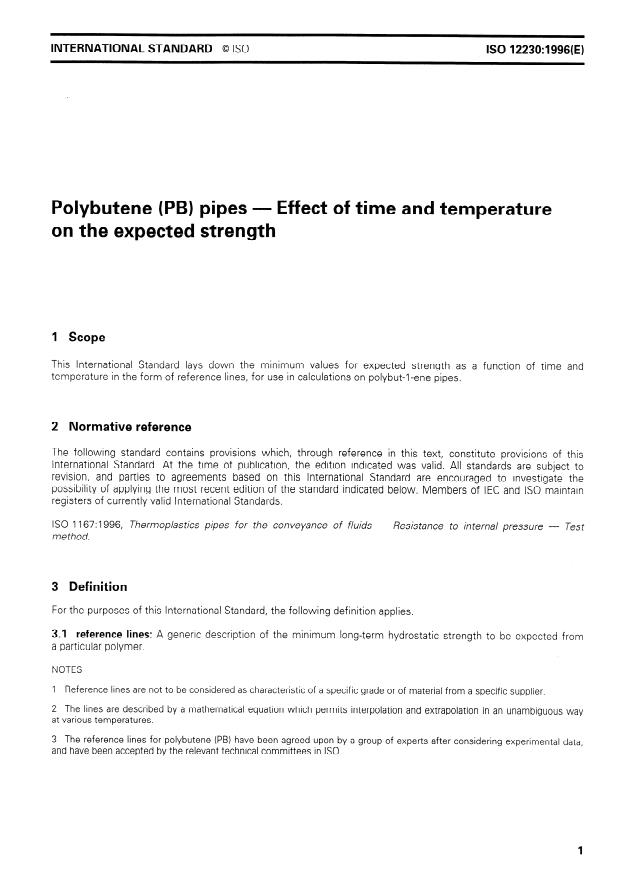 ISO 12230:1996 - Polybutene (PB) pipes -- Effect of time and temperature on the expected strength