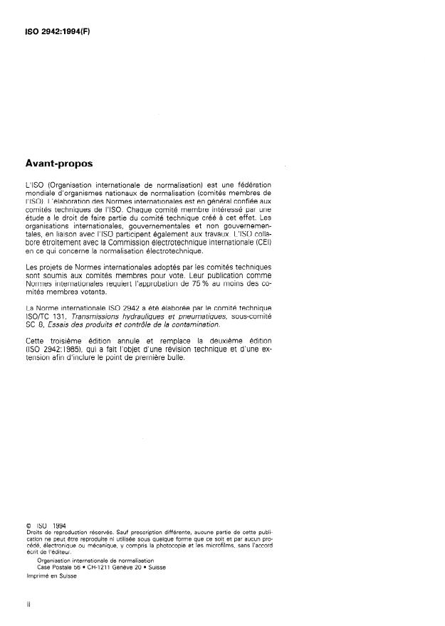 ISO 2942:1994 ISO 2942:1994 - Transmissions hydrauliques -- Éléments filtrants -- Vérification de la conformité de fabrication et détermination du point de premiere bulle - Page 2 preview