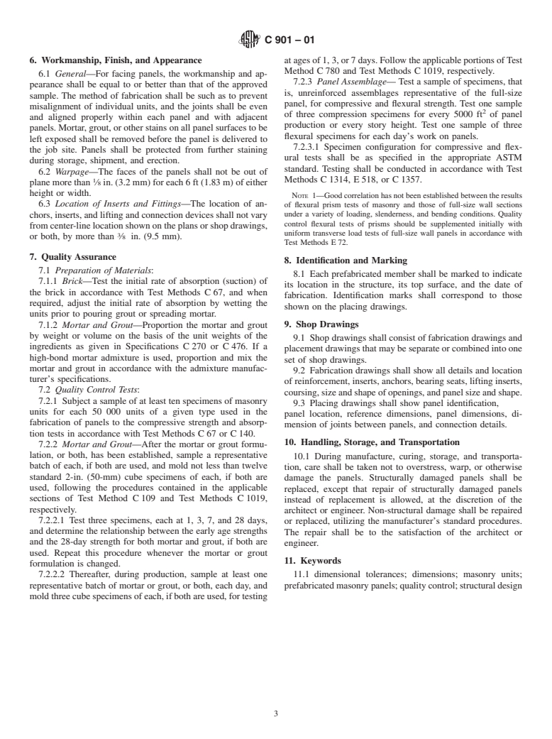 ASTM C901-01 - Standard Specification for Prefabricated Masonry Panels