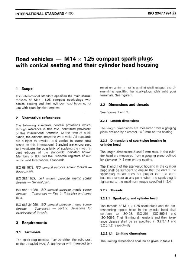 ISO 2347:1994 - Road vehicles -- M14 x 1,25 compact spark-plugs with conical seating and their cylinder head housing