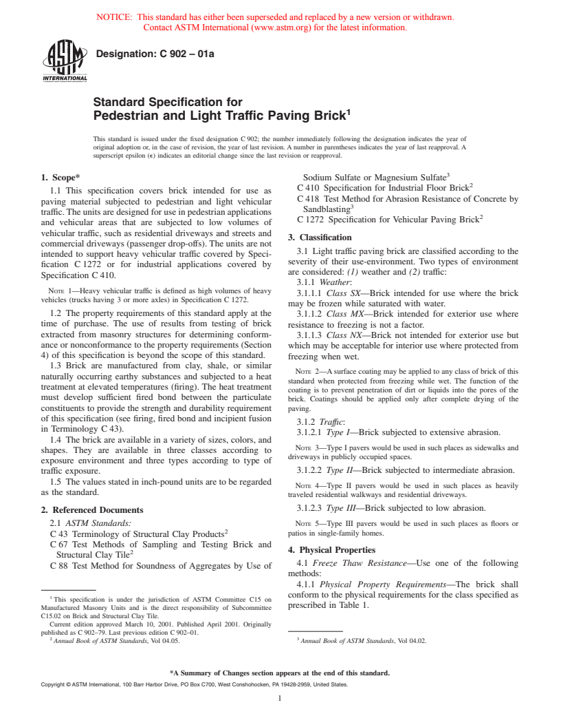 ASTM C902-01a - Standard Specification for Pedestrian and Light Traffic Paving Brick