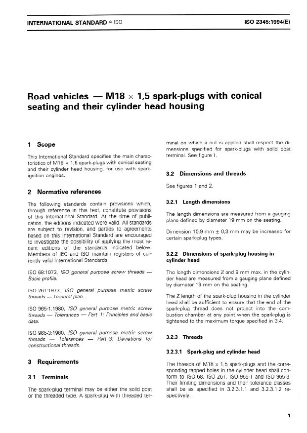 ISO 2345:1994 - Road vehicles -- M18 x 1,5 spark-plugs with conical seating and their cylinder head housing