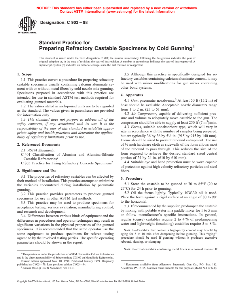 ASTM C903-98 - Standard Practice for Preparing Refractory Castable Specimens by Cold Gunning