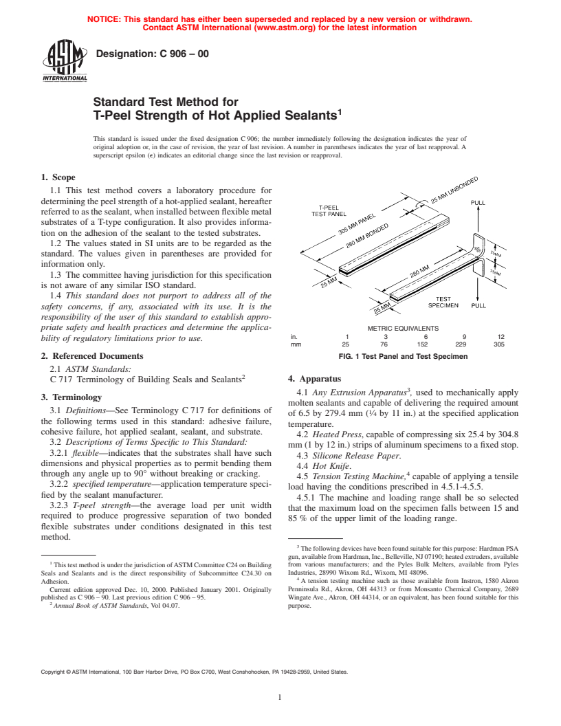 ASTM C906-00 - Standard Test Method for T-Peel Strength of Hot Applied Sealants (Withdrawn 2006)