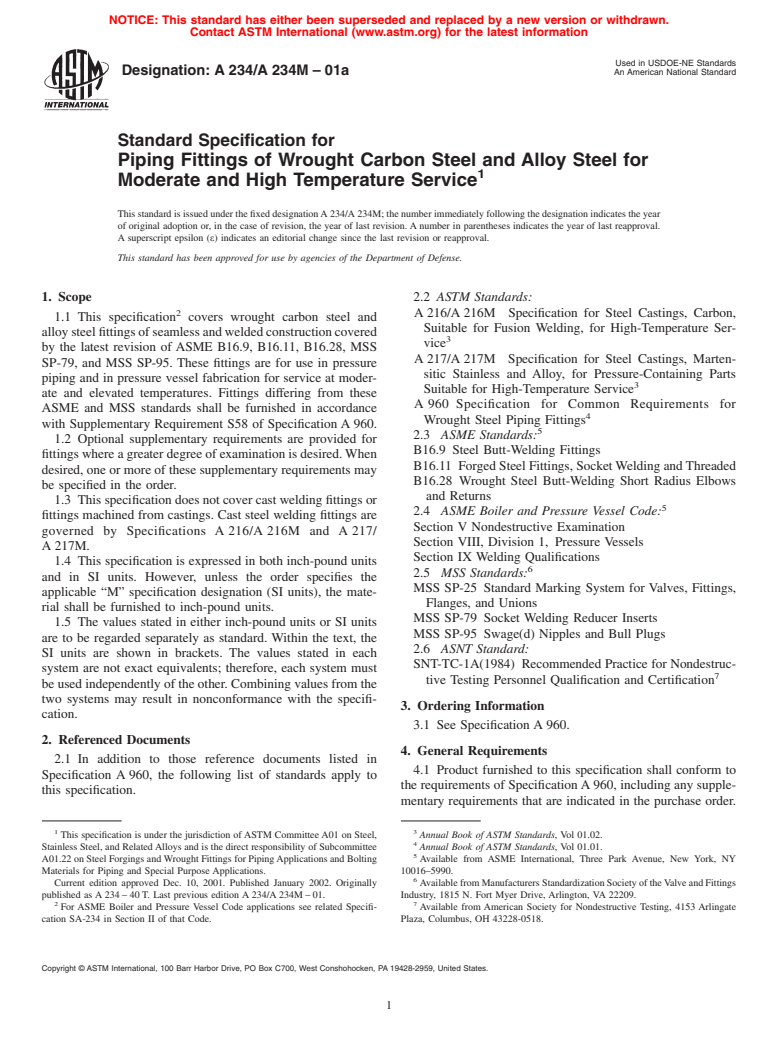 ASTM A234/A234M-01a - Standard Specification for Piping Fittings of Wrought Carbon Steel and Alloy Steel for Moderate and High Temperature Service