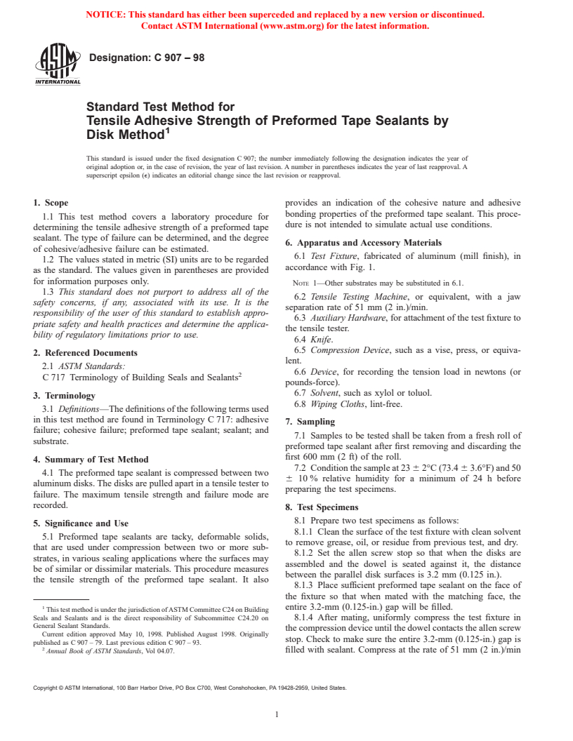 ASTM C907-98 - Standard Test Method for Tensile Adhesive Strength of Preformed Tape Sealants by Disk Method