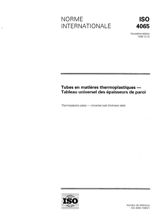 ISO 4065:1996 - Tubes en matieres thermoplastiques -- Tableau universel des épaisseurs de paroi