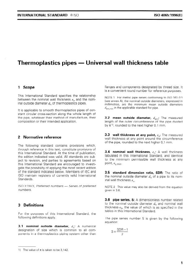 ISO 4065:1996 - Thermoplastics pipes -- Universal wall thickness table