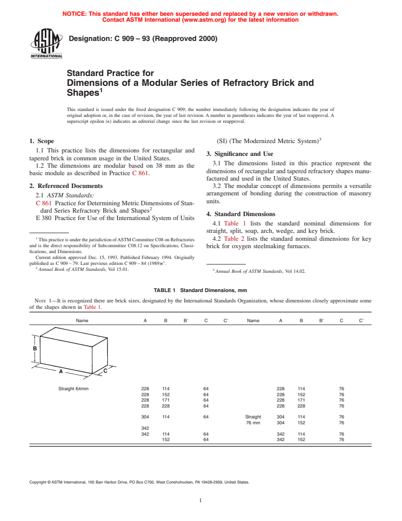 ASTM C909-93(2000) - Standard Practice for Dimensions of a Modular Series of Refractory Brick and Shapes