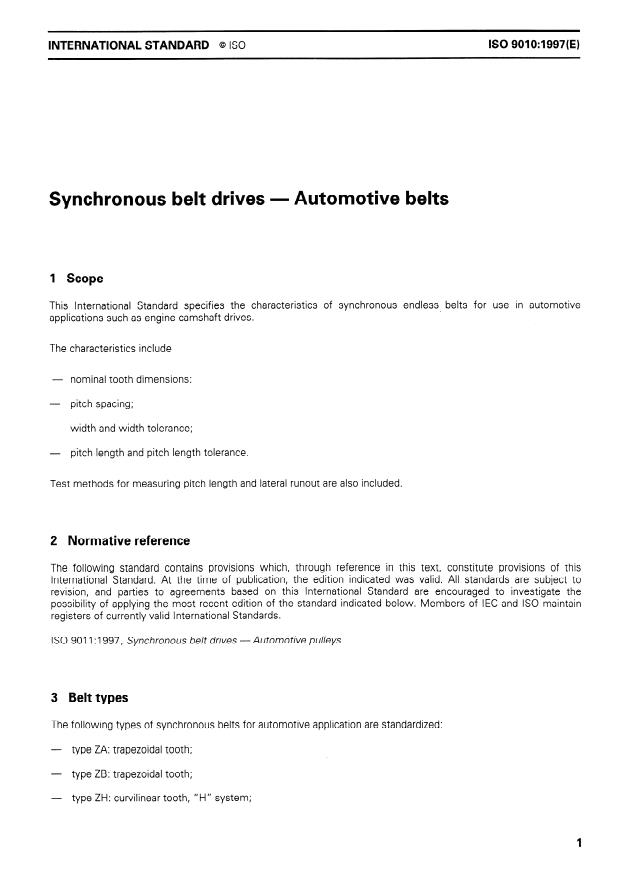 ISO 9010:1997 - Synchronous belt drives -- Automotive belts