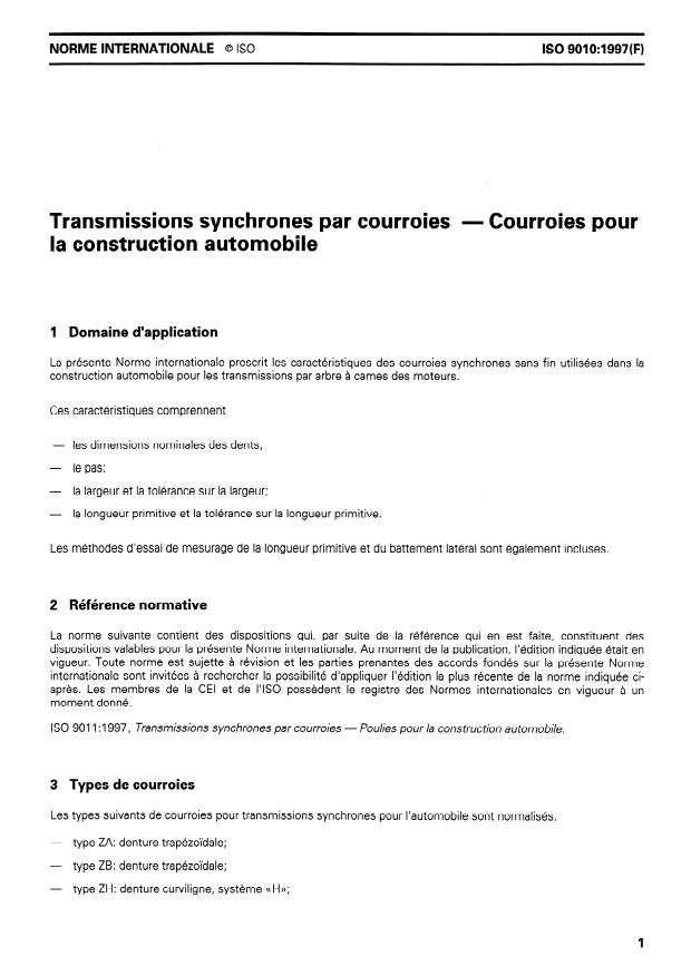 ISO 9010:1997 - Transmissions synchrones par courroies -- Courroies pour la construction automobile