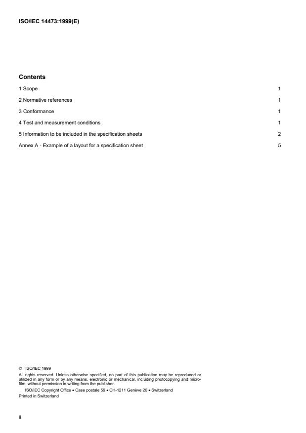 ISO/IEC 14473:1999 ISO/IEC 14473:1999 - Information technology -- Office equipment -- Minimum information to be specified for image scanners - Page 2 preview