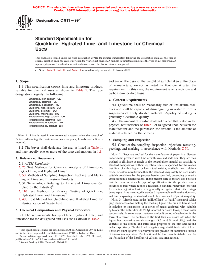 ASTM C911-99e1 - Standard Specification for Quicklime, Hydrated Lime, and Limestone for Chemical Uses