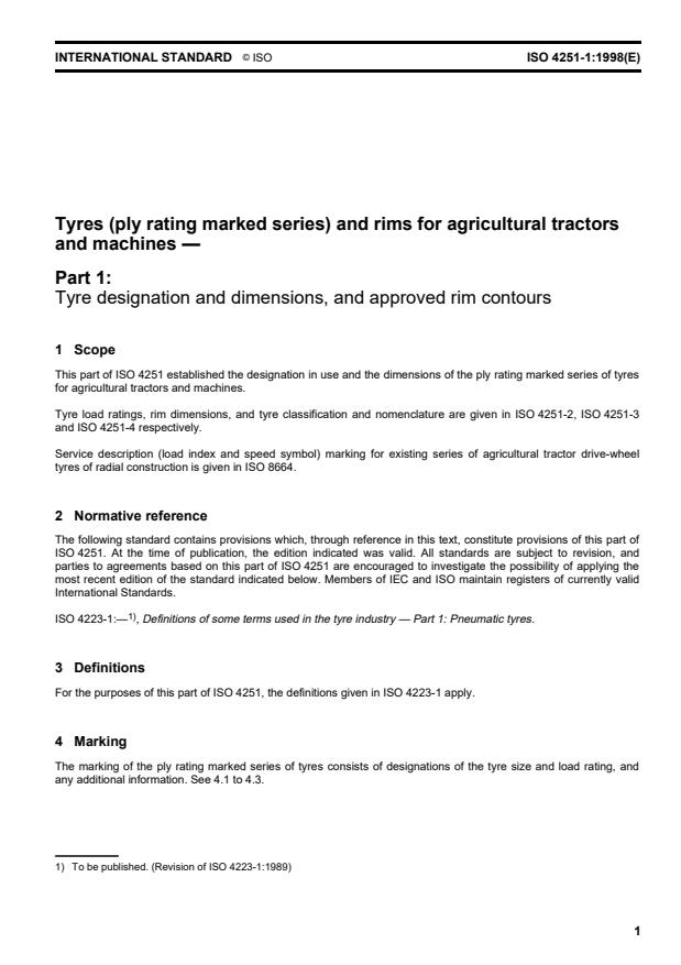 ISO 4251-1:1998 - Tyres (ply rating marked series) and rims for agricultural tractors and machines