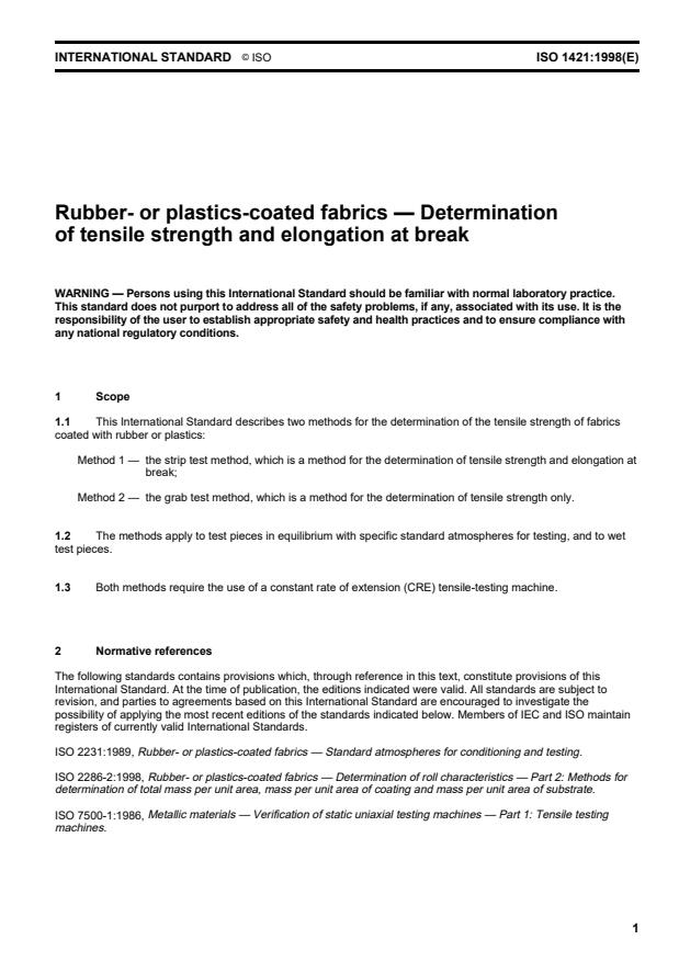 ISO 1421:1998 - Rubber- or plastics-coated fabrics -- Determination of tensile strength and elongation at break