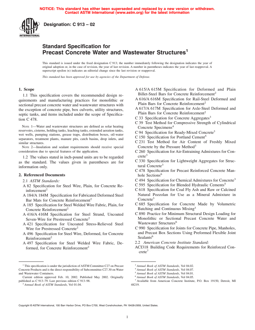 ASTM C913-02 - Standard Specification for Precast Concrete Water and Wastewater Structures
