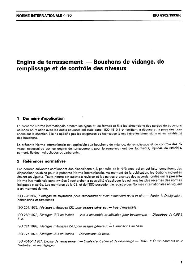 ISO 6302:1993 - Engins de terrassement -- Bouchons de vidange, de remplissage et de contrôle des niveaux