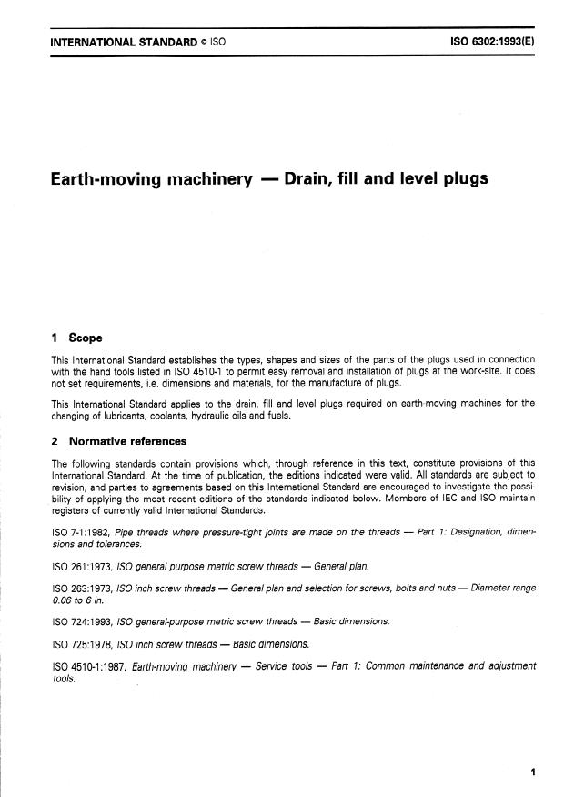 ISO 6302:1993 - Earth-moving machinery -- Drain, fill and level plugs