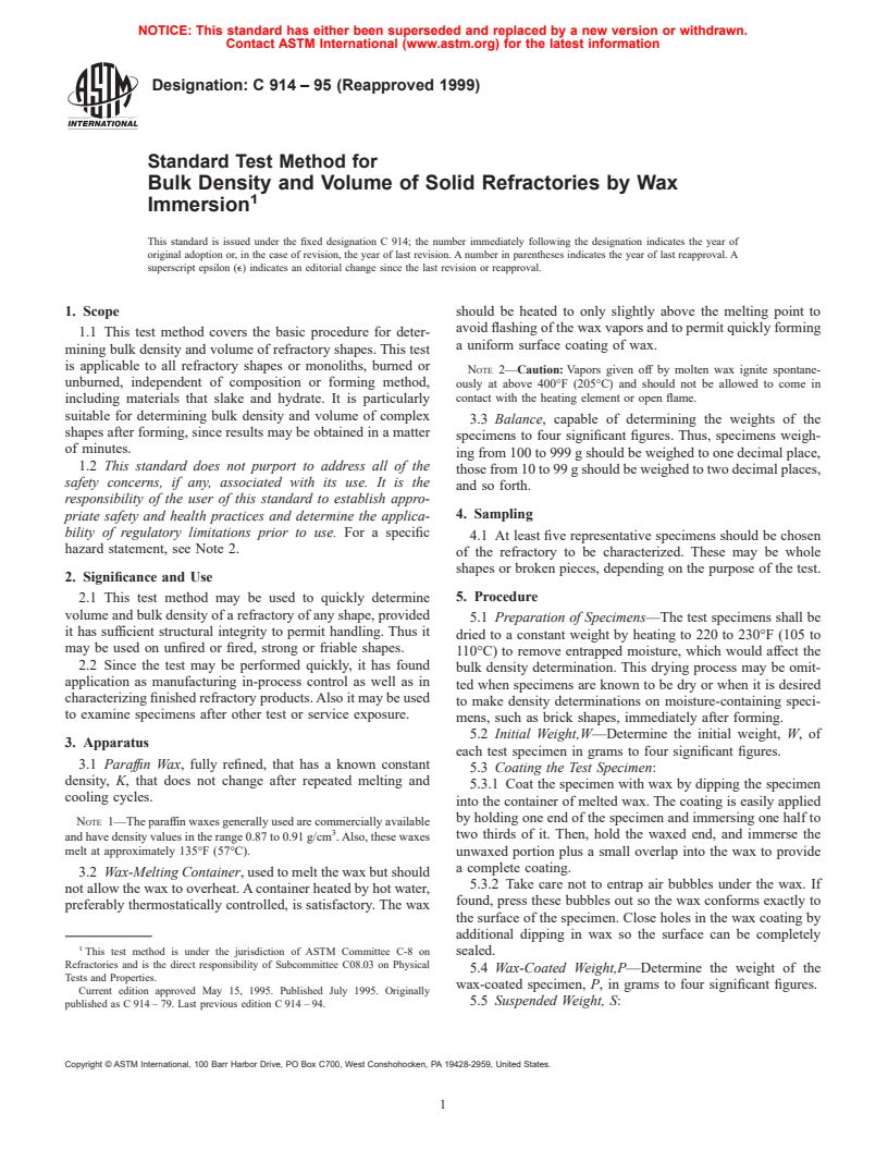 ASTM C914-95(1999) - Standard Test Method for Bulk Density and Volume of Solid Refractories by Wax Immersion