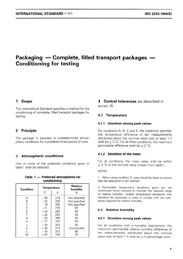 ISO 2233:1994 - Packaging -- Complete, filled transport packages -- Conditioning for testing