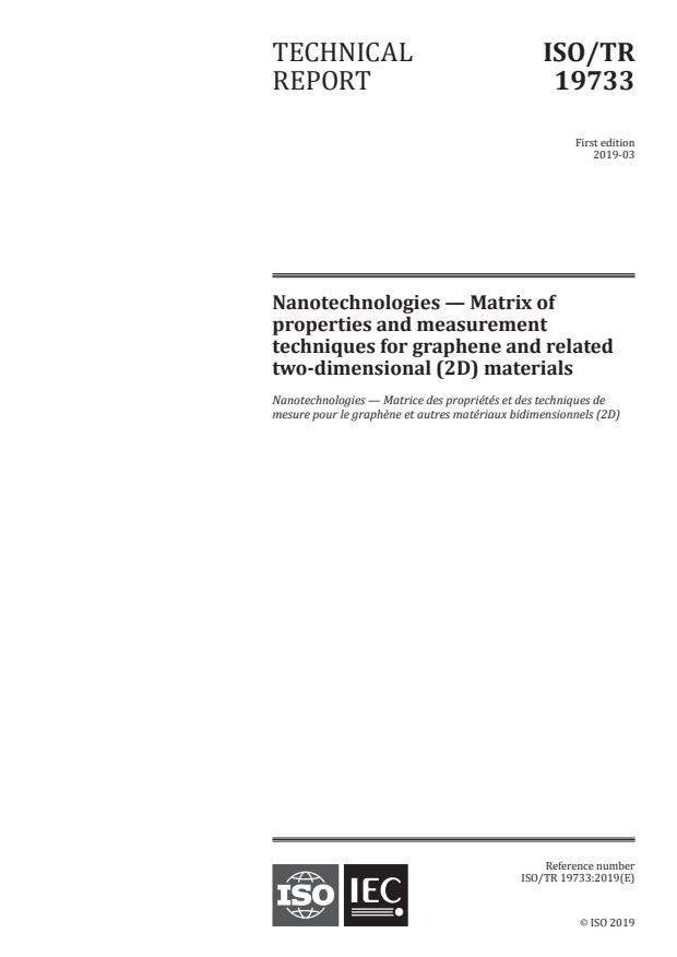 ISO TR 19733:2019 - Nanotechnologies - Matrix of properties and measurement techniques for graphene and related two-dimensional (2D) materials