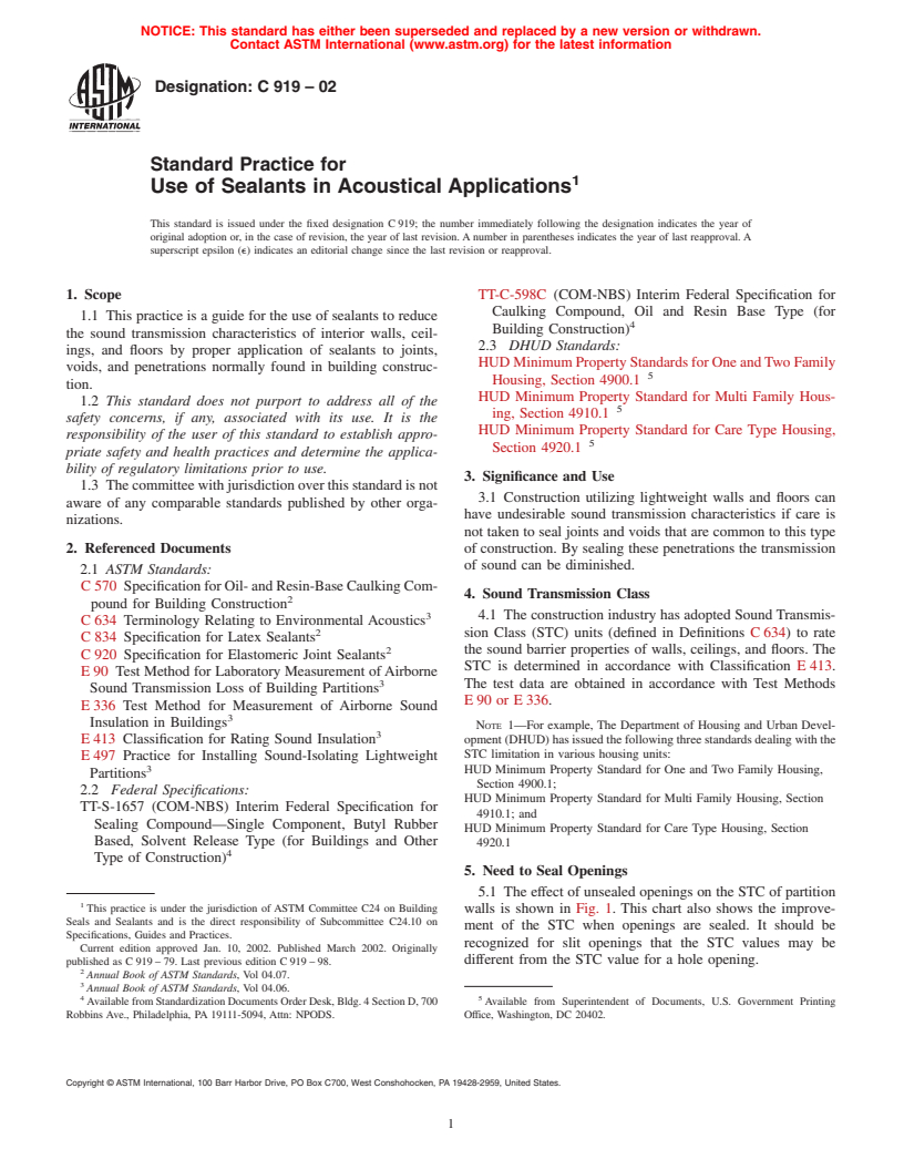 ASTM C919-02 - Standard Practice for  Use of Sealants in Acoustical Applications