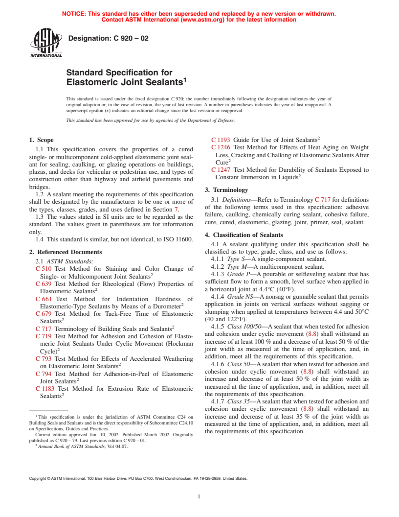 ASTM C920-02 - Standard Specification for Elastomeric Joint Sealants