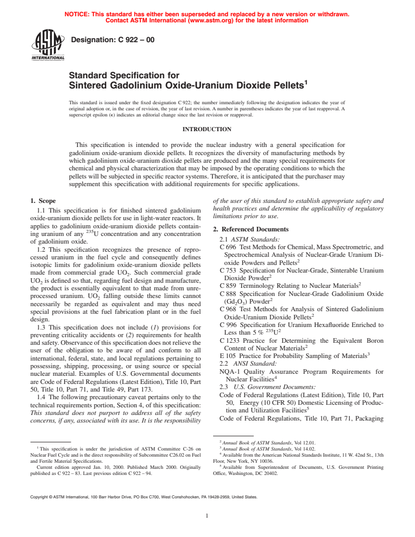 ASTM C922-00 - Standard Specification for Sintered Gadolinium Oxide-Uranium Dioxide Pellets