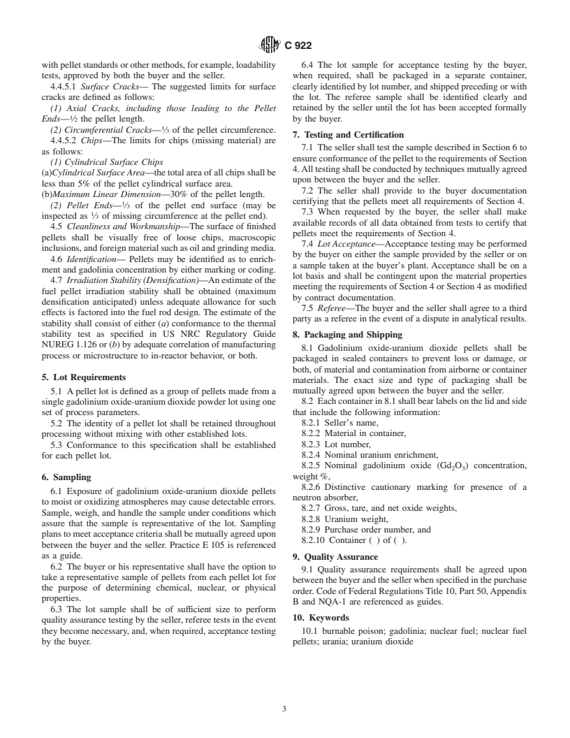 ASTM C922-00 - Standard Specification for Sintered Gadolinium Oxide-Uranium Dioxide Pellets