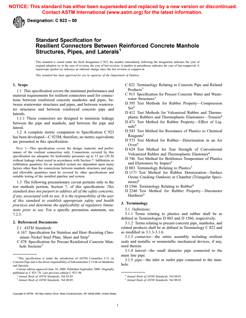 ASTM C923-00 - Standard Specification for Resilient Connectors Between Reinforced Concrete Manhole Structures, Pipes and Laterals