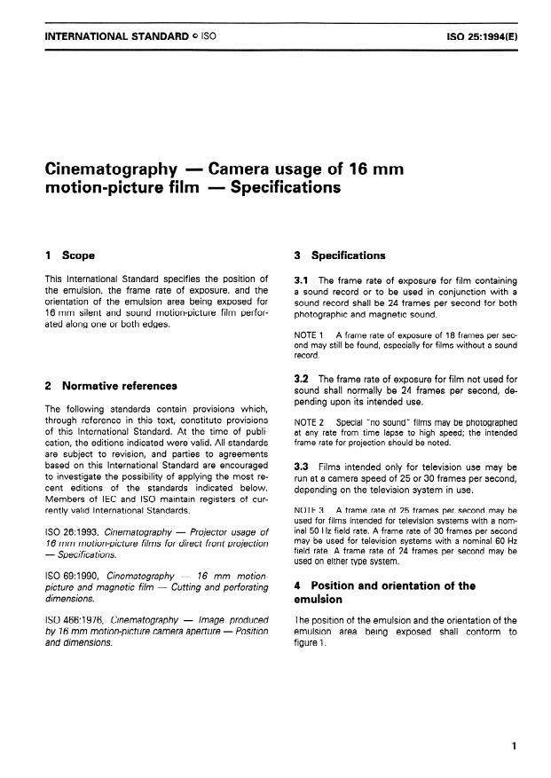 ISO 25:1994 - Cinematography -- Camera usage of 16 mm motion-picture film -- Specifications