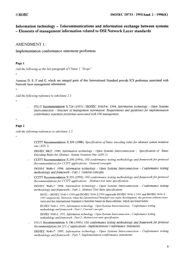 ISO/IEC 10733:1993/Amd 1:1996 - Implementation conformance statement proformas