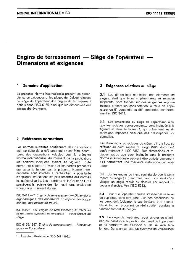 ISO 11112:1995 - Engins de terrassement -- Siege de l'opérateur -- Dimensions et exigences